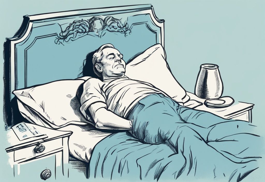 Vintage-Skizzenillustration eines mittelalten Mannes, der im Bett liegt und sanfte Dehnübungen zur Linderung von Hexenschuss Schmerzen durchführt, Hauptfarbthema hellblau. Hexenschuss Übungen im Bett.