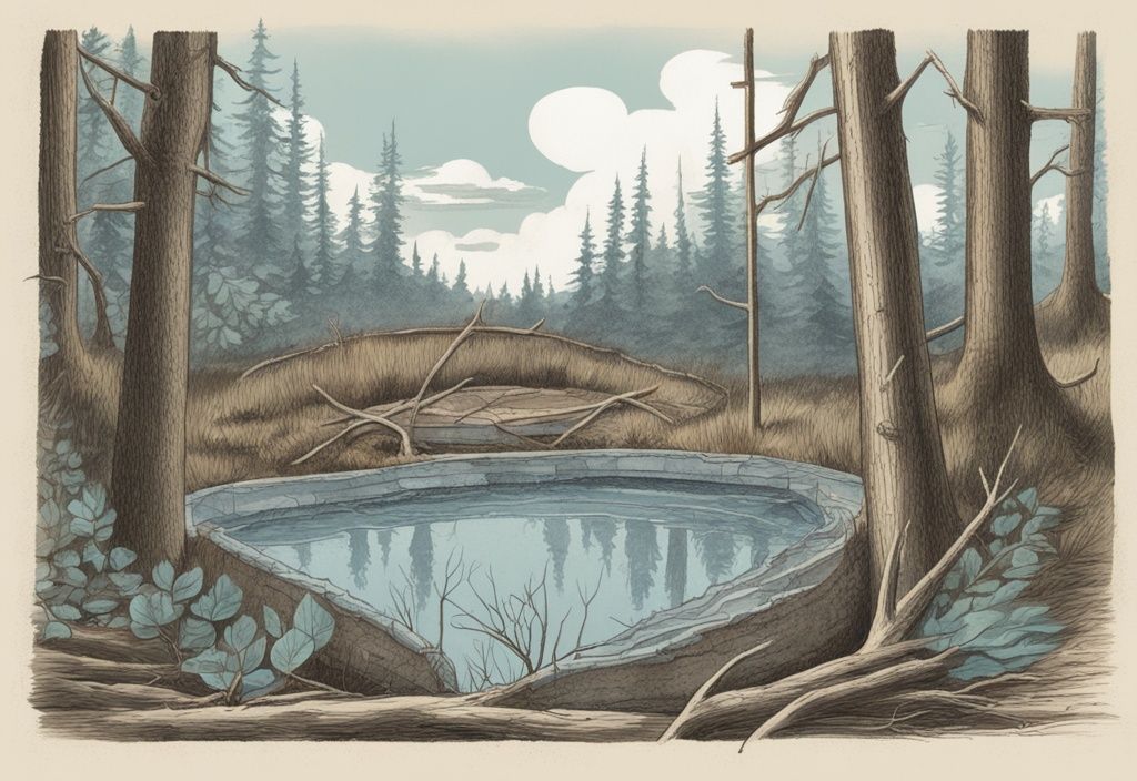 Vintage-Skizzenillustration eines Biberdamms in Hellblau, die den mehrschichtigen Bettungsaufbau aus Zweigen, Schlamm und Blättern zeigt - was ist Biber Bettwäsche?
