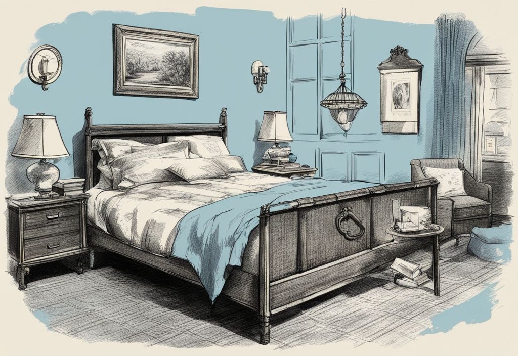 Vintage-Skizzenillustration in hellblau mit Queensize-Bett neben Haushaltsgegenständen, um zu zeigen, wie groß ist ein Queensize Bett.