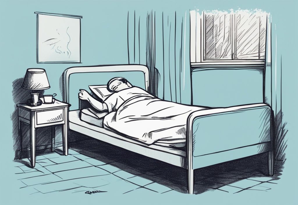 Vintage-Skizzenillustration in Hellblau: Person schläft bequem auf hypoallergenem Bett, Rezeptpapier auf dem Nachttisch.