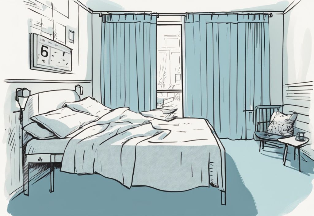 Vintage-Skizzenillustration in Hellblau mit Kalender zur Häufigkeit des Bettwäschewechsels und einem Bett mit frischen, sauberen Laken, wie oft sollte man Bettwäsche wechseln.
