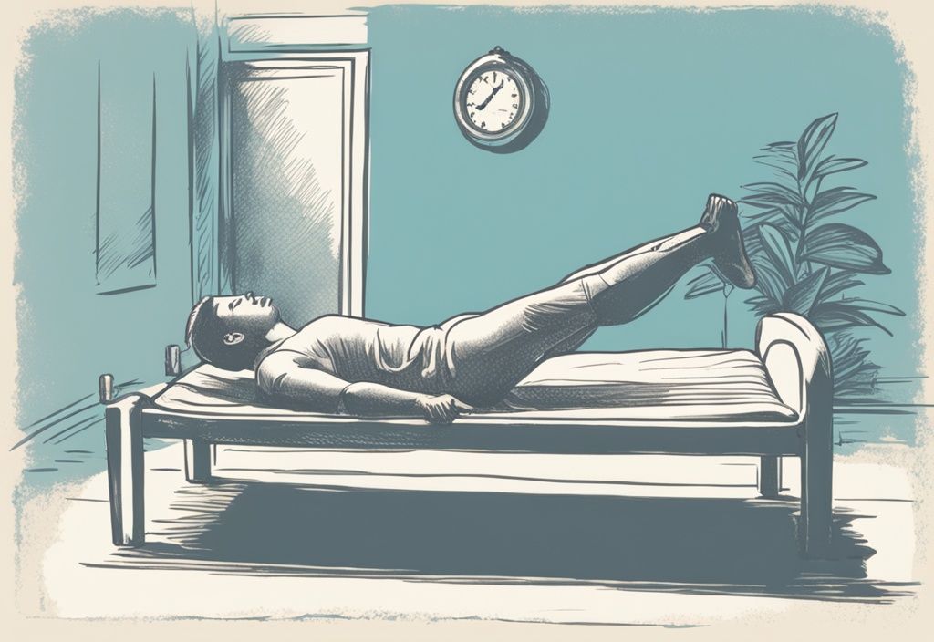 Vintage Illustration von einer Person, die auf einem Bett verschiedene Übungen zur Stärkung des unteren Rückens macht, Hauptfarbe hellblau