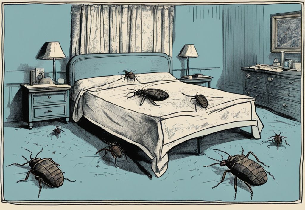 Vintage-Skizzenillustration von Bettwanzen, die aus den Nähten eines dunklen Teppichs auf ein ungemachtes Bett kriechen, Hauptfarbthema hellblau