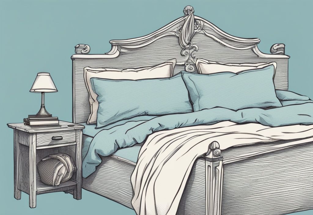 Vintage-Skizzenillustration eines Bettes mit Flanell-Bettwäsche in hellblauer Farbgebung, die Kissen, Laken und Bettdecke zeigt und die gemütliche und warme Textur hervorhebt. was ist Flanell Bettwäsche