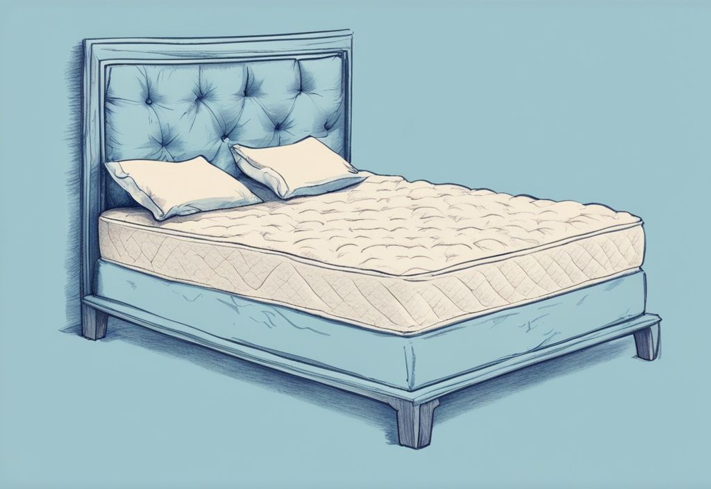 Vintage-Skizzenillustration mit hellblauem Farbschema, zeigt eine nackte Matratze, die mit einem flauschigen und bequemen Bett-Topper bedeckt wird, der die weiche Textur und Dicke zeigt - was ist ein Topper fürs Bett.