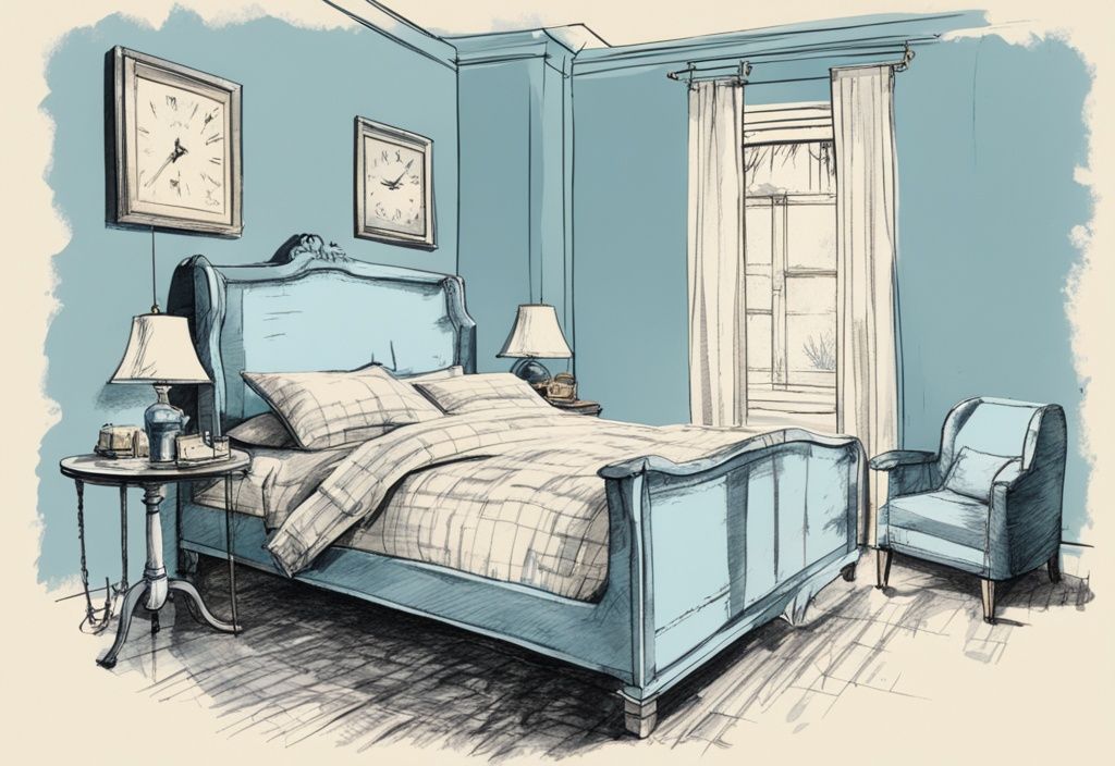 Vintage-Skizzenillustration eines Kingsize-Betts mit Maßband zur Anzeige der Abmessungen, Hauptfarbthema hellblau