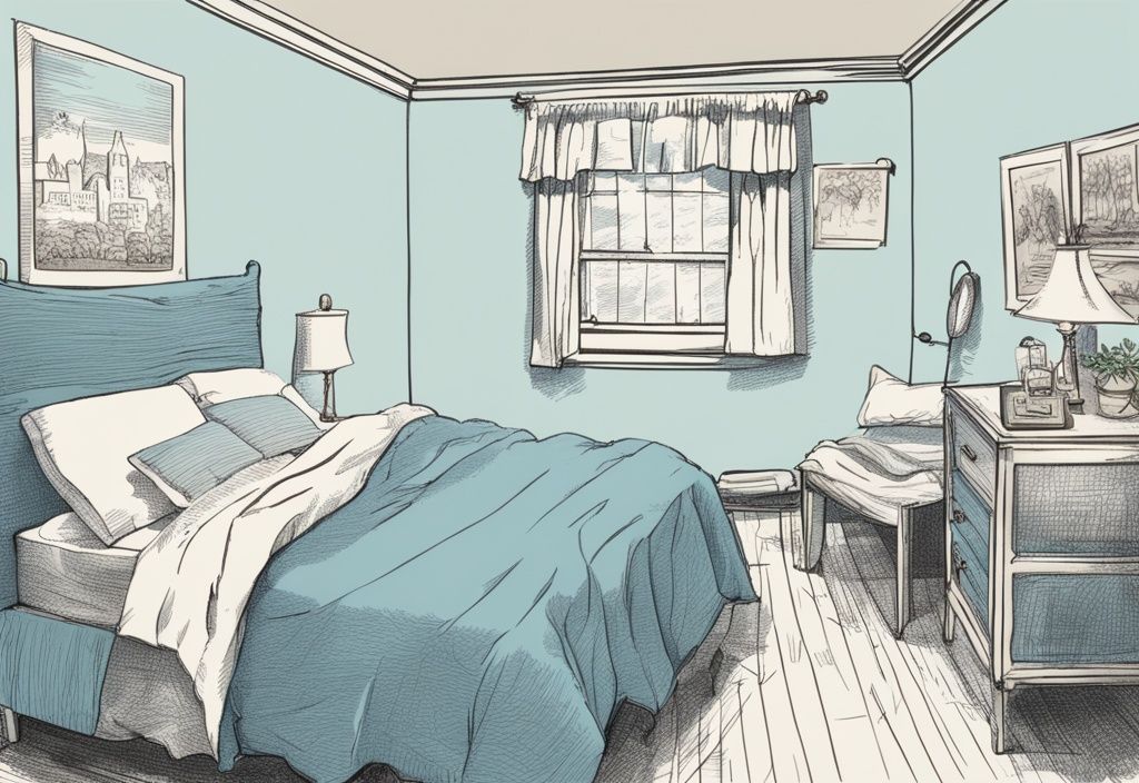 Vintage-Skizzenillustration in hellblau zeigt einen Kalender mit markierten Terminen und frisch bezogene Bettwäsche auf einem ordentlich gemachten Bett - wie oft sollte man sein Bett neu beziehen.