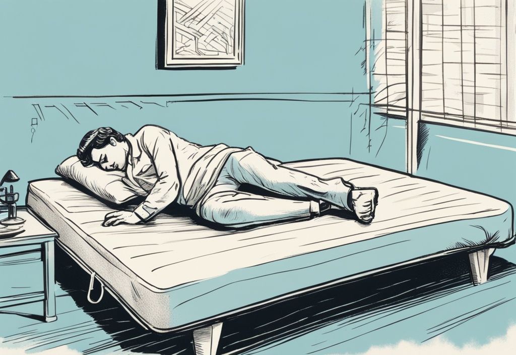 Vintage-Skizzenillustration einer Person mit Rückenschmerzen, die entspannt auf einer empfohlenen Matratze liegt, in hellblauen Farbtönen.