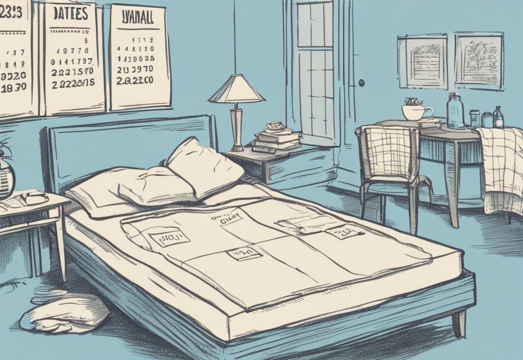 Vintage-Skizzenillustration in hellblau mit einem Kalender auf einem Bett, der die Matratzenwechseltermine zeigt, sowie einer abgenutzten und einer neuen Matratze zur Darstellung des Wechsels.