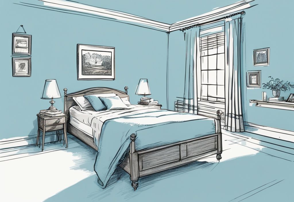 Vintage-Skizzenillustration eines sauber gemachten Twin Betts in einem hellen, sauberen Schlafzimmer mit einem Maßband über der Matratze, das die Abmessungen anzeigt; was ist ein Twin Bett.