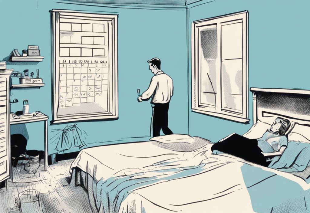 Vintage-Skizzenillustration in Hellblau, Person wendet Matratze in ordentlich organisiertem Schlafzimmer, Kalender an der Wand zeigt markierte Intervalle, wie oft Matratze wenden.