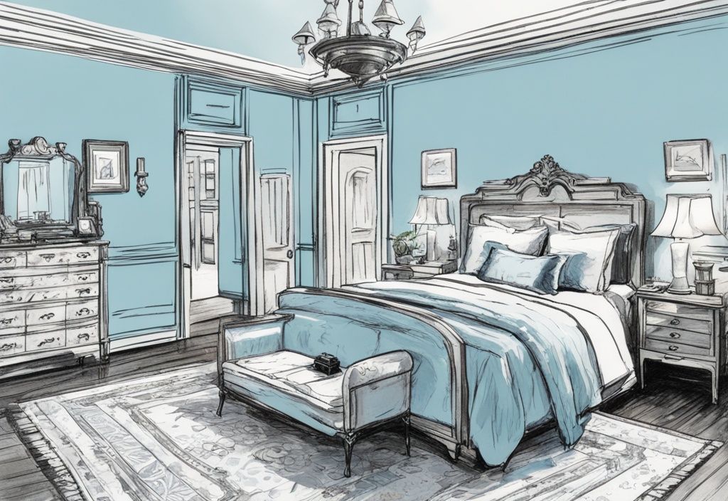 Vintage Illustration eines geräumigen Schlafzimmers mit einem Queensize-Bett und Maßband in hellblauem Farbschema
