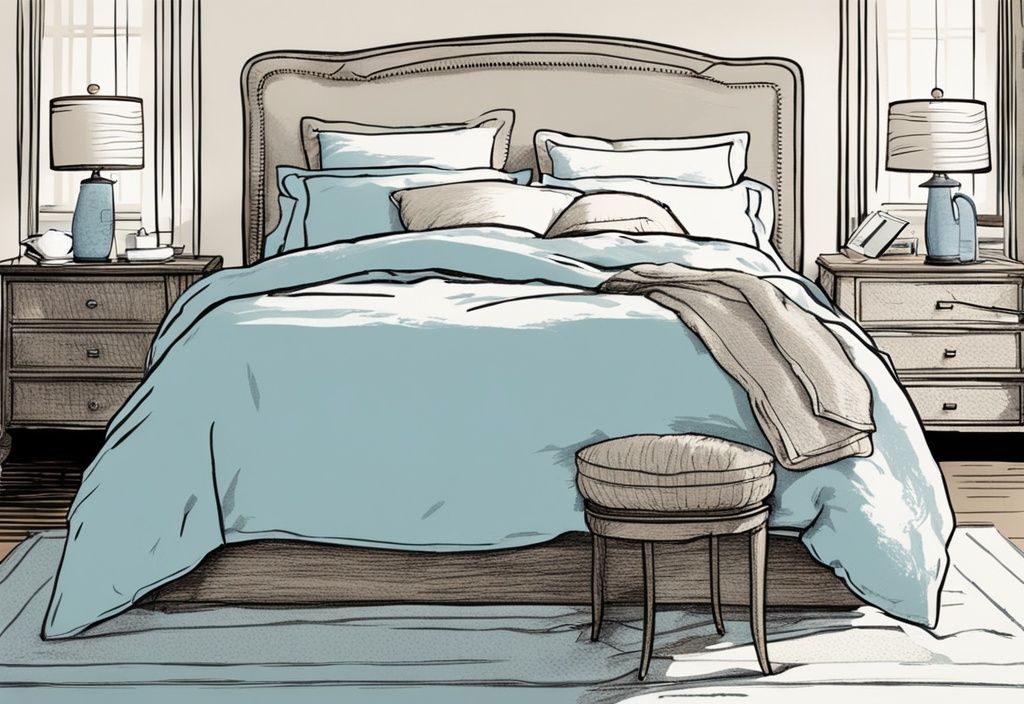 Vintage-Skizzenillustration eines elegant eingerichteten Schlafzimmers mit einem ordentlich gemachten Bett und atmungsaktiver, texturierter Linon-Bettwäsche in natürlichen Farbtönen, was ist Linon Bettwäsche.