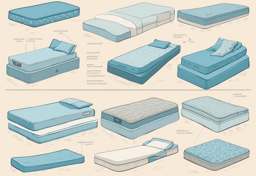 Vintage-Skizzenillustration von 90x200 Matratzen für Kinder in hellblau, die verschiedene Merkmale und Vorteile zeigen – welche Matratze für Kinder 90x200.