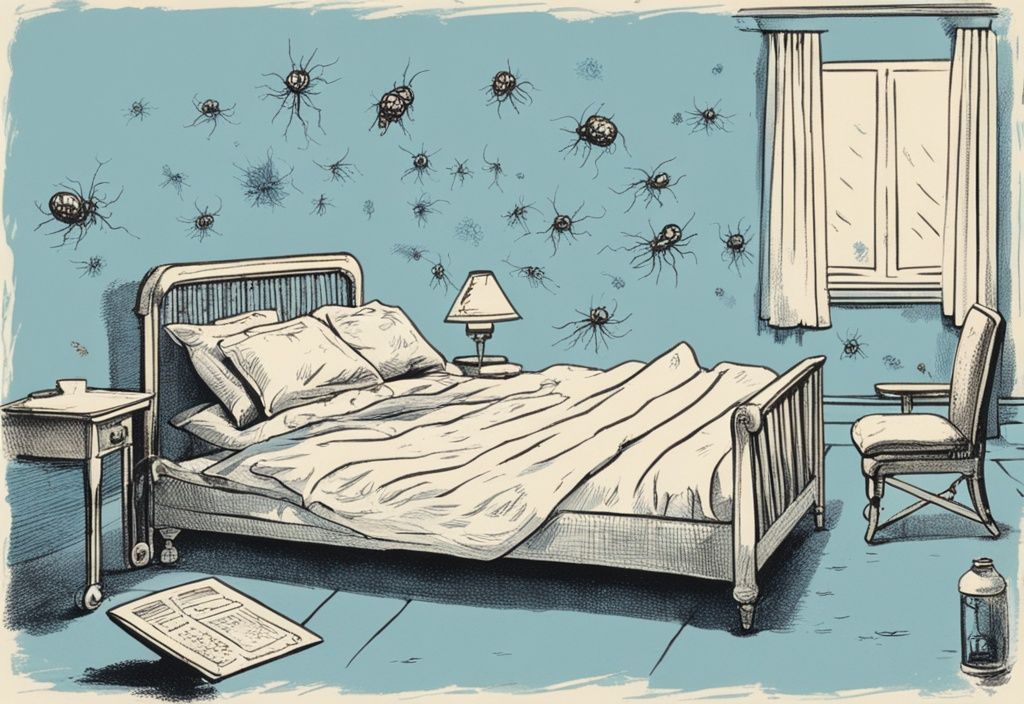 Vintage-Skizzenillustration eines Bettes mit Milbenbefall, eine unsichtbare Person sprüht energisch ein natürliches Abwehrmittel, Milben verschwinden oder sterben, Hauptfarbthema hellblau.