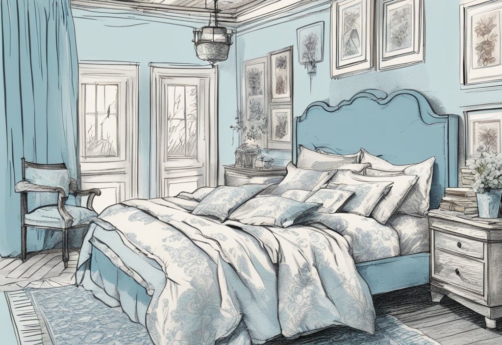 Vintage-Skizze mit hellblauem Farbschema, verschiedene weiche, plüschige Bettwäsche auf einem Bett verteilt, einige gemustert, einige einfarbig, welche Bettwäsche ist weich.