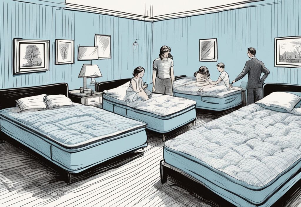 Vintage-Skizzenillustration in hellblauem Farbton, die Menschen zeigt, die in einem stilvollen Schlafzimmer verschiedene Matratzen testen, um herauszufinden, welche Matratze passt zu mir.