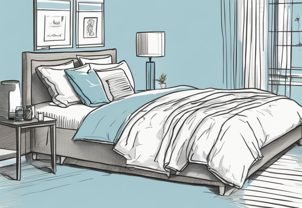 Vintage-Skizze mit hellblauem Farbthema, hypoallergene Bettwäsche-Optionen auf einem einladenden Bett in minimalistischem, sanft beleuchtetem Schlafzimmer.