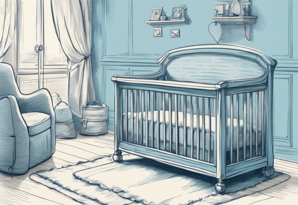 Vintage-Skizzenillustration eines gemütlichen Babyzimmers mit hellblauem Farbschema, das ein Baby friedlich schlafend in einem perfekt passenden Bettchen zeigt.