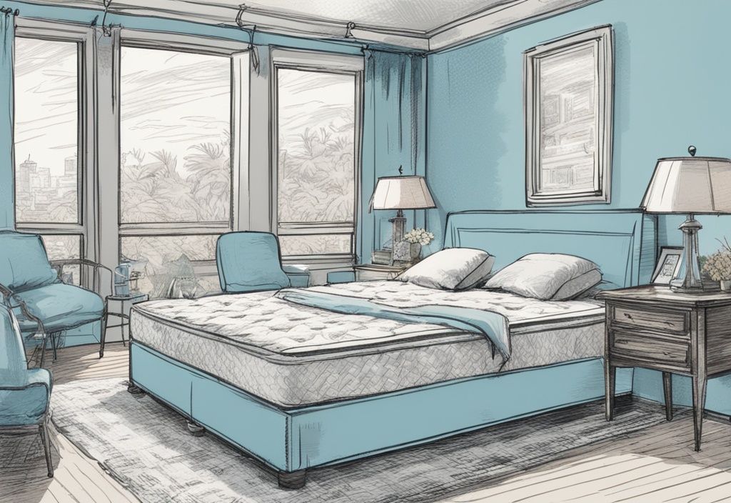 Vintage Skizze mit Matratzen auf Boxspringbett in modernem Schlafzimmer, Hauptfarbe Hellblau