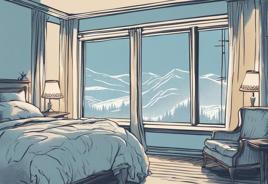 Vintage-Skizzenillustration eines Individuums, das zwischen zwei Bettwäsche-Sets wechselt, eines leichter und eines wärmer, mit Winterkulisse durch ein Fenster, Hauptfarbthema hellblau.