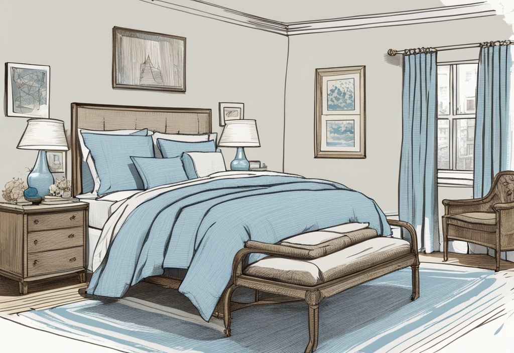 Vintage-Skizzenillustration mit hellblauem Seersucker-Bettwäsche-Set in einem gut beleuchteten, geschmackvoll dekorierten Schlafzimmer, was ist Seersucker Bettwäsche.