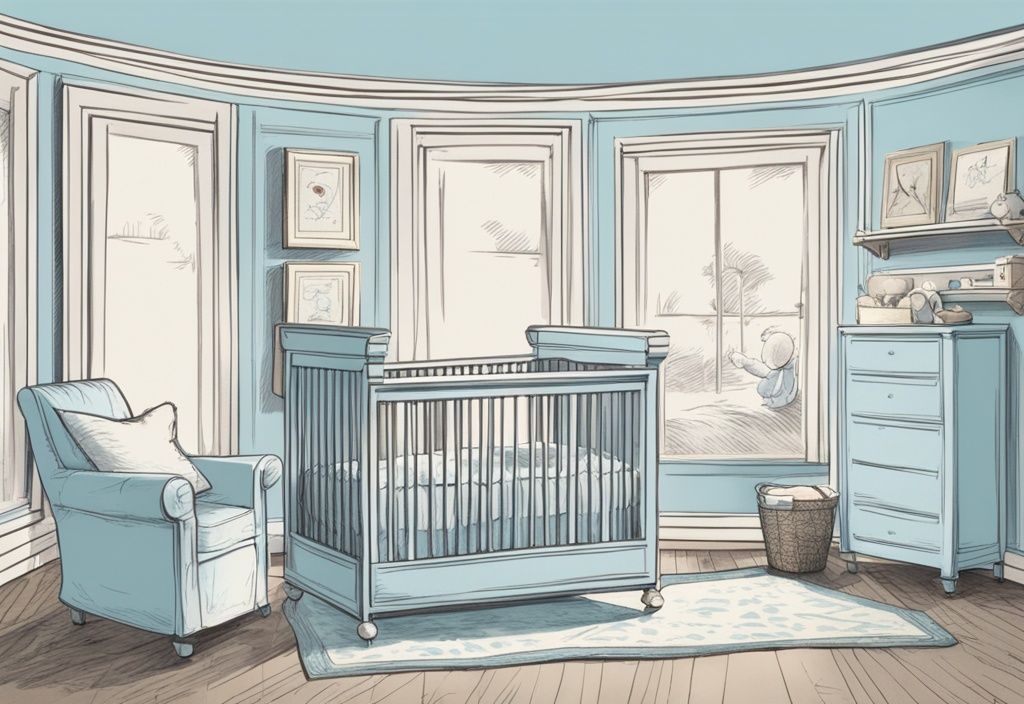 Vintage-Skizzenillustration eines gemütlichen Babyzimmers in hellblauem Farbschema mit Fokus auf einem Kinderbett mit perfekt passender Matratze und friedlich schlafendem Baby.