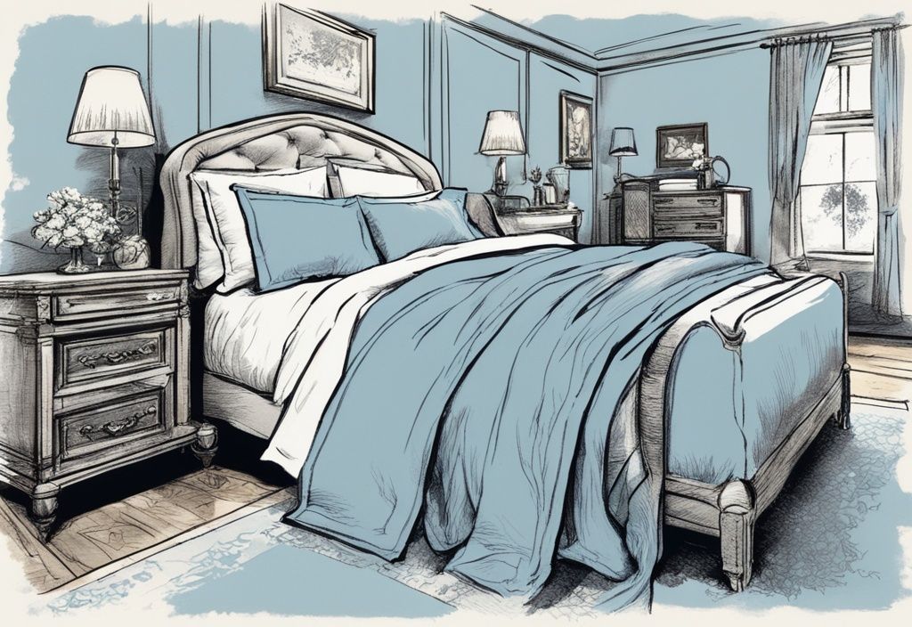 Vintage Skizzenillustration mit hellblauem Farbschema, verschiedene hochwertige Bettwäsche Stoffarten in einem gemütlich eingerichteten Schlafzimmer.