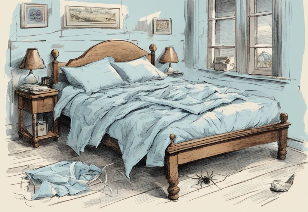 Vintage-Skizze: Spinnenläufer im Bett mit Sportschuhen, die über zerknitterte Bettlaken rennen, in hellblauer Farbgebung.