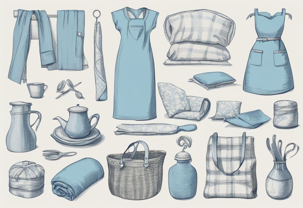 Vintage-Skizzenillustration mit hellblauem Farbschema, zeigt stilvolle Artikel wie Tragetasche, Quilt, Schürze und Kissenbezüge aus alten Bettlaken auf hellem Hintergrund.