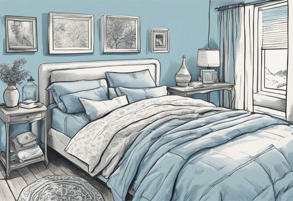 Vintage-Skizzenillustration mit verschiedenen hypoallergenen Bettwäsche-Optionen in einem gut beleuchteten Schlafzimmer, welche Bettwäsche für Allergiker