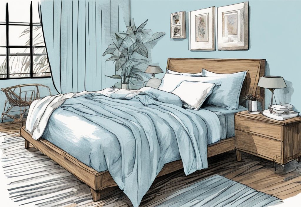 Vintage-Skizzenillustration von Bettwäsche in Hellblau, atmungsaktive Baumwollbettlaken, kühlende Bambusdecken und feuchtigkeitsableitende Stoffe stilvoll auf einem Bett drapiert.