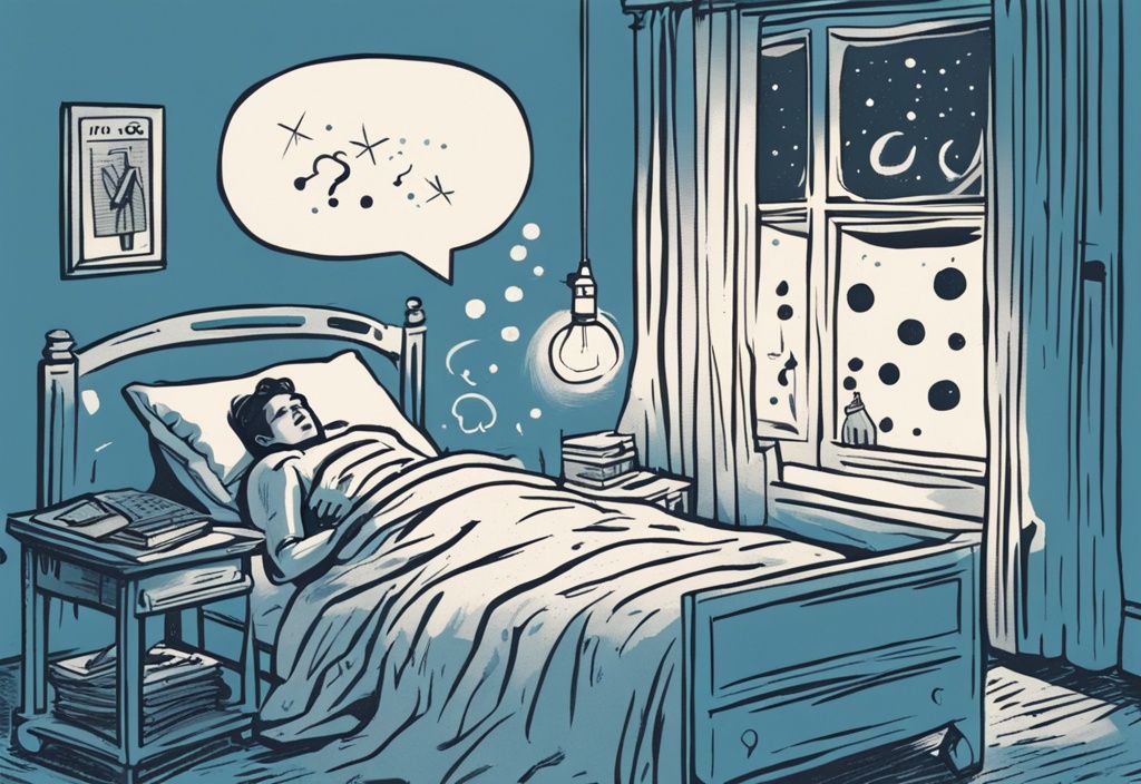 Vintage-Skizzenillustration einer Person, die nachts im Bett unter einer gedämpften Nachttischlampe wach liegt und sich den Arm kratzt, umgeben von Gedankenblasen mit Stressauslösern und Angstsymbolen; Juckreiz nachts im Bett psychisch.