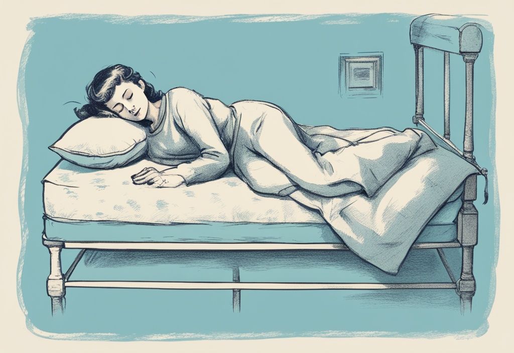 Vintage-Skizze einer Person, die friedlich auf dem Bauch auf einer hochwertigen Matratze schläft, ideal für Bauchschläfer, Hauptfarbe Hellblau.