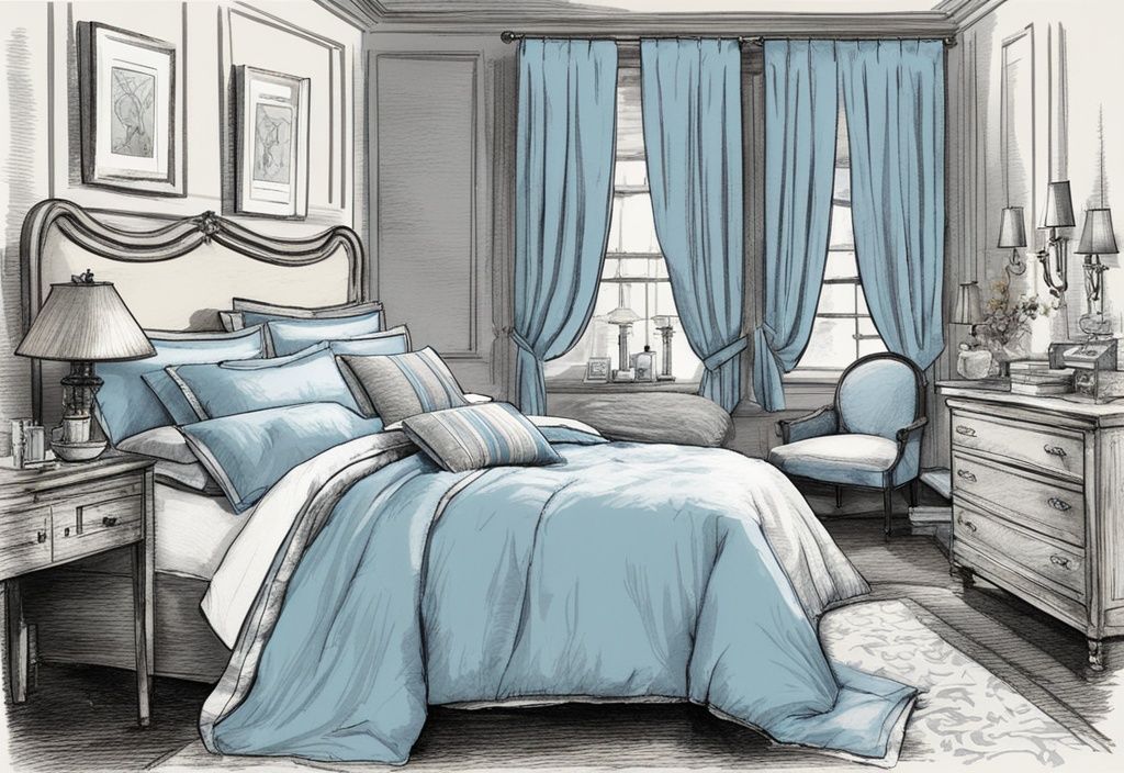 Vintage Skizzenillustration mit eleganten, knitterfreien Bettwäsche-Sets in hellblauem Farbschema.