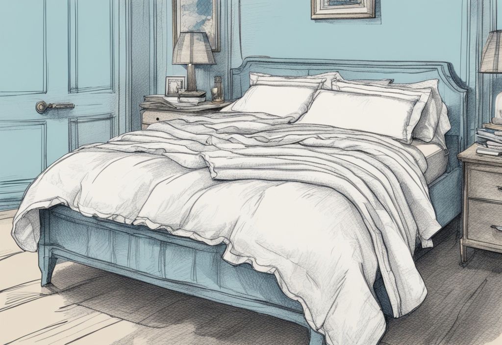 Vintage-Skizzenillustration eines perfekt gemachten Bettes mit weicher, atmungsaktiver Musselin Bettwäsche in Hellblau, einschließlich Laken, Kissenbezügen und Decke; was ist Musselin Bettwäsche