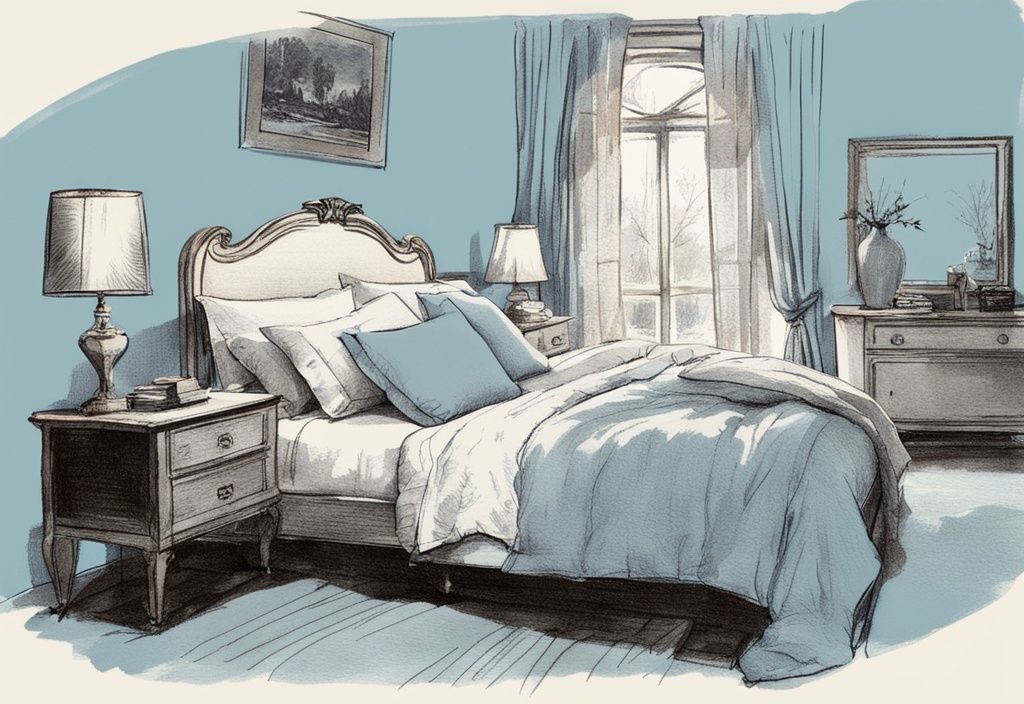 Vintage-Skizzenillustration eines ordentlich gemachten Bettes mit Leinenbettwäsche und Kissen in hellblauer Farbgebung.