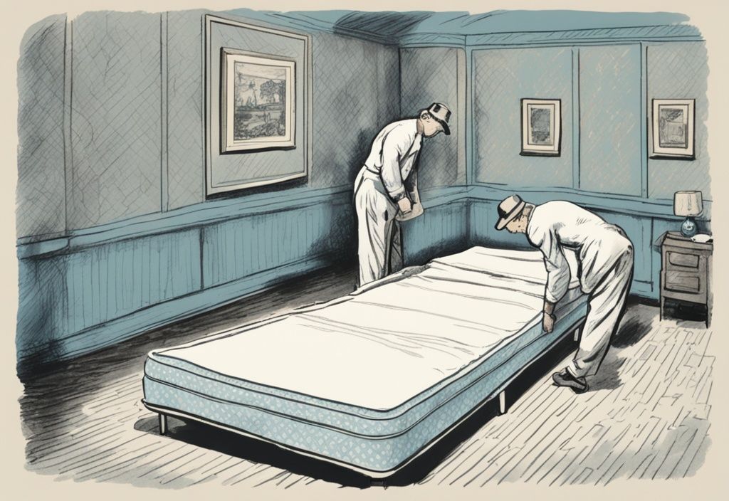 Vintage-Skizzenillustration einer Person, die eine Matratze auf Durchhängen und Vertiefungen überprüft, Hauptfarbthema hellblau.