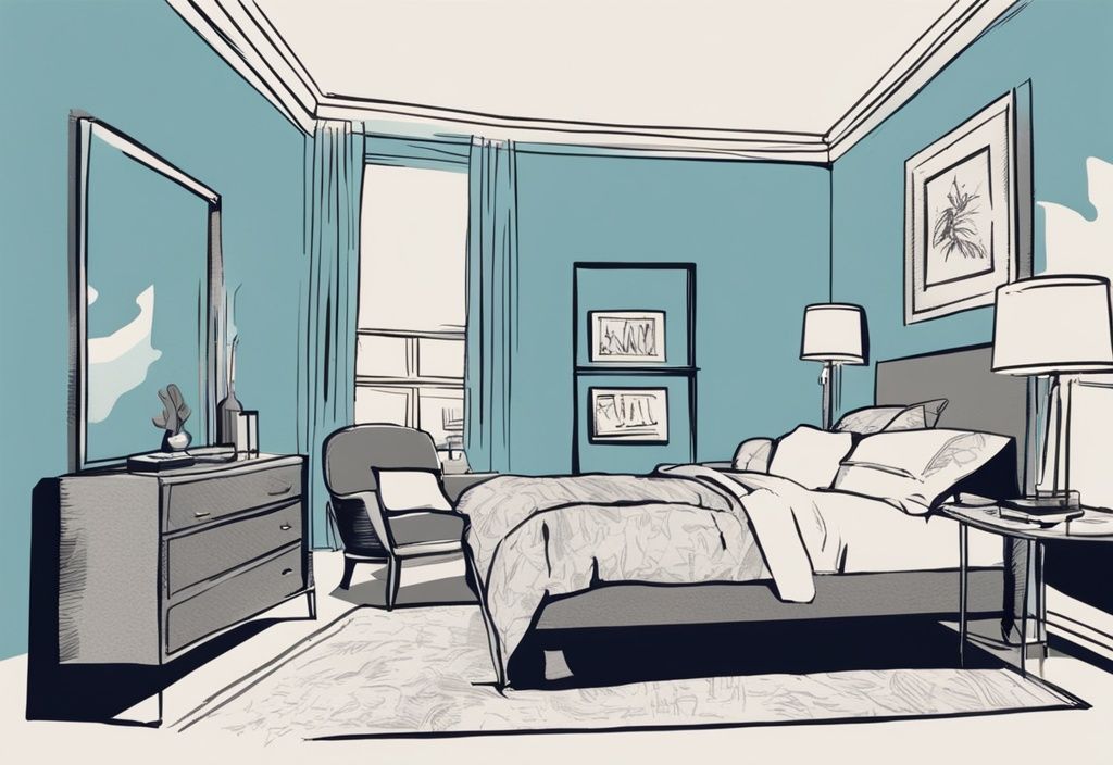 Vintage Skizze einer modernen Schlafzimmergestaltung mit grauem Bett vor einer hellblauen Wand, die den Kontrast und die Harmonie zwischen Möbeln und Wandfarbe zeigt.