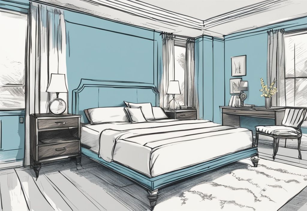 Vintage-Skizzenillustration eines Queensize-Betts mit markierten Abmessungen in einem modern gestalteten Schlafzimmer, Hauptfarbthema hellblau - was ist ein Queensize Bett.
