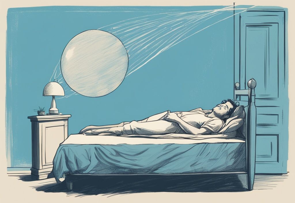 Vintage-Skizzenillustration mit hellblauem Farbschema, eine Person schläft friedlich am Rand des Bettes, umgeben von einer visuellen Darstellung der Gravitationskraft, die sie festhält, warum fällt man nicht aus dem Bett.