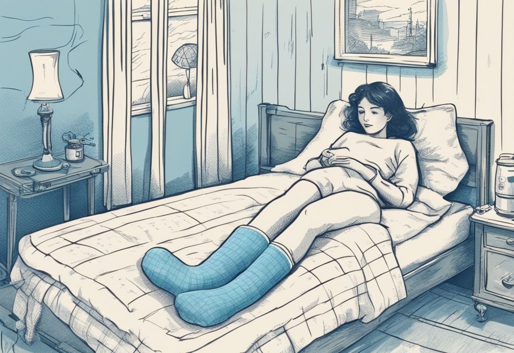 Vintage Skizzenillustration einer Person im gemütlichen Bett mit Thermosocken und einer Wärmflasche gegen kalte Füße, Hauptfarbthema hellblau.