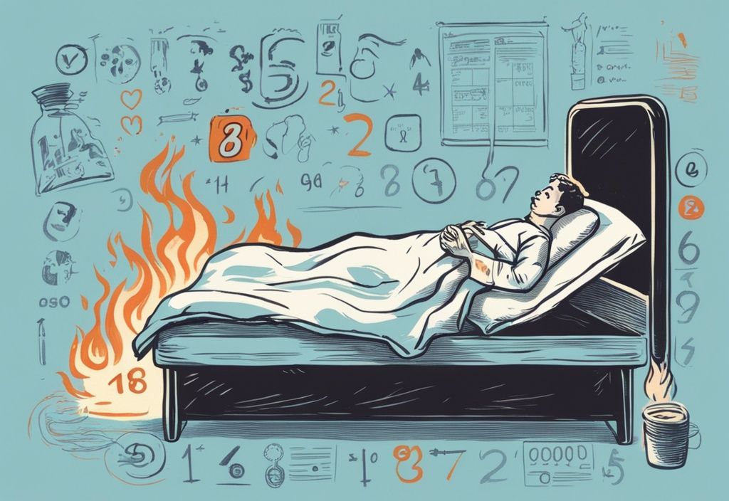 Vintage Skizzenillustration, hellblaue Farbthema, kranke Person im Bett liegend, Zahlen und Kaloriensymbole schwebend, zeigt wie viel Kalorien verbrennt man wenn man krank im Bett liegt.