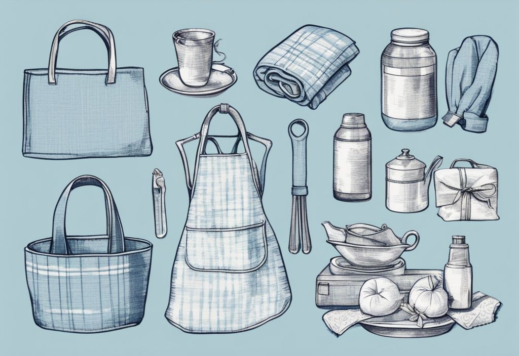 Vintage Skizze Illustration, hellblaues Farbschema, verschiedene Artikel wie Tragetasche, Quilt, Schürze und Kissenbezüge, stilvoll aus alten Bettlaken gefertigt, auf sauberem, hellem Hintergrund.