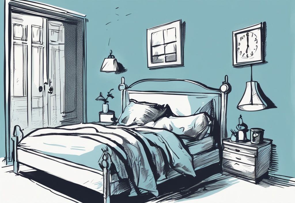 Vintage-Skizzen-Illustration eines gemütlichen Schlafzimmers bei Einbruch der Nacht, Person stellt Wecker ein, bevor sie ins Bett geht, Hauptfarbthema Hellblau.