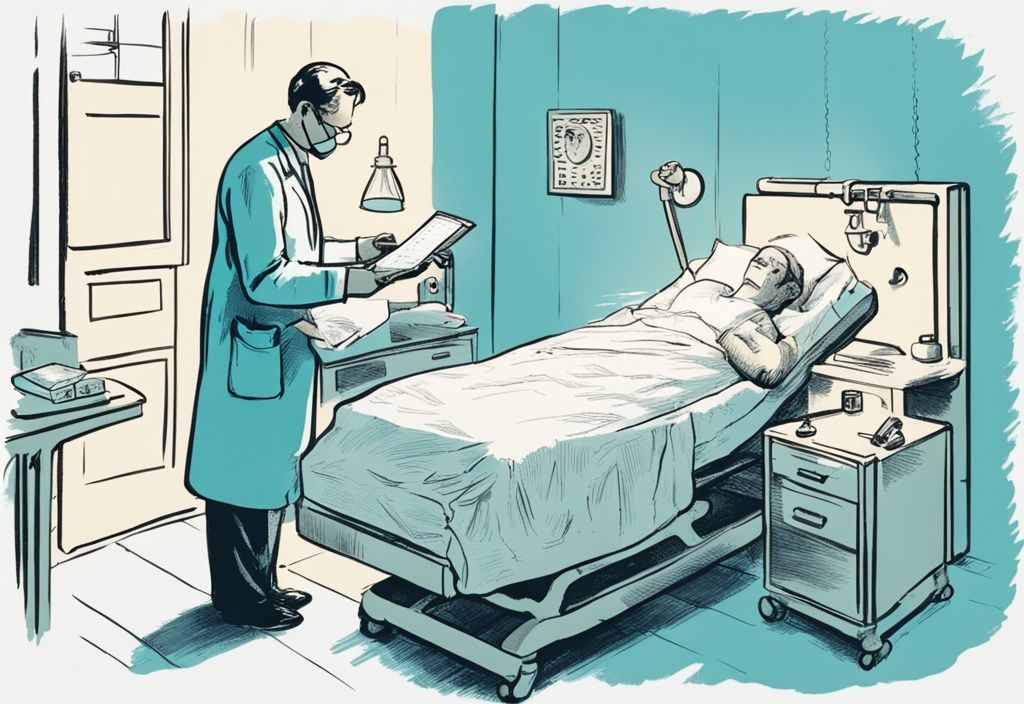 Vintage-Skizzenillustration: Arzt überreicht Rezept an erleichterten Patienten, hypoallergene Bettwäsche im Hintergrund sichtbar, Allergie Bettwäsche auf Rezept.