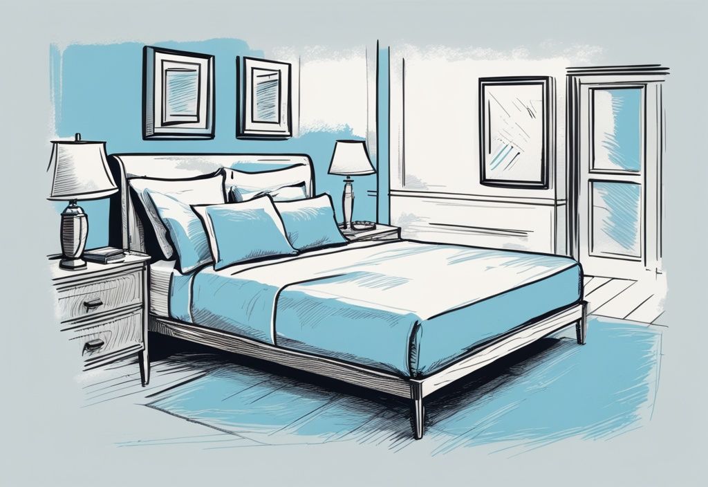 Vintage-Skizzenillustration in Hellblau, die ordentlich gefaltete Hotel-Bettwäsche auf weißem Hintergrund zeigt – Bettwäsche falten wie im Hotel.