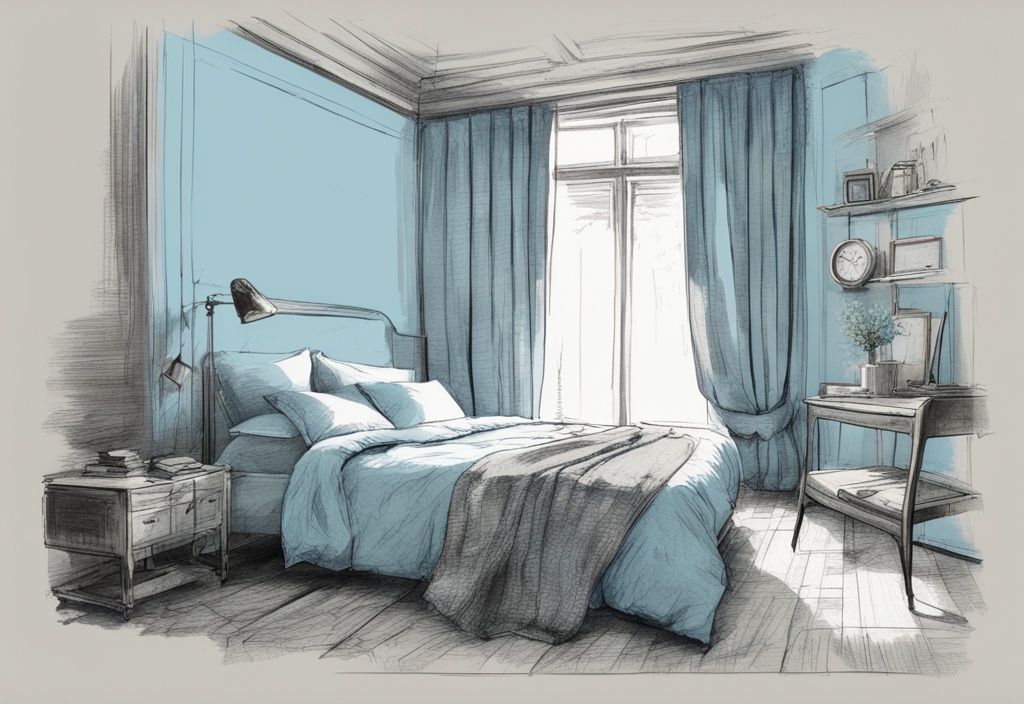 Vintage-Skizzenillustration eines 140x200 Bettes mit perfekt drapierter Bettwäsche und sichtbarem Maßband, welche Größe Bettwäsche für 140x200 Bett anzeigt, in hellblauer Farbgebung.