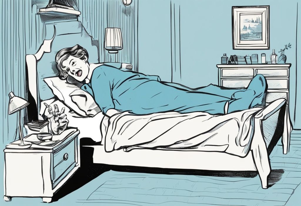 Vintage-Skizze in Hellblau: Person grimassiert und hält sich im Bett den Fuß, zeigt Fersenschmerzen im Bett.