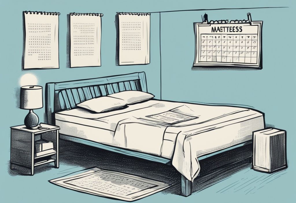 Vintage-Skizzenillustration in hellblau mit Kalender auf einem Bett, markierten Terminen für Matratzenwechsel, abgenutzter und neuer Matratze zur Darstellung des Wechsels.
